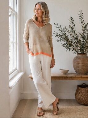 Eileen Fisher Linen Open Knit Sweater Neutral Beige Coral Hem Size S